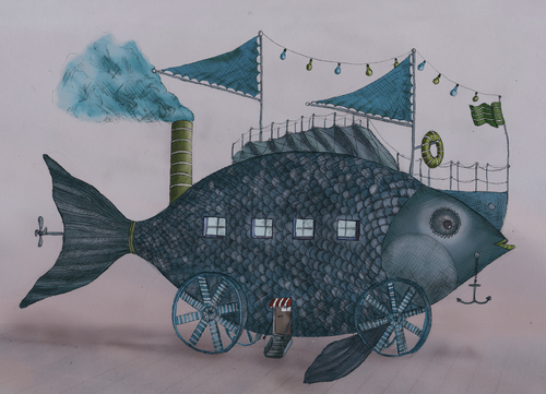 Cartoon: Das Fischschiffauto (medium) by Sebastian tagged fisch,schiff,auto,astrakt,surreal,fabelhaft,blau,wasser