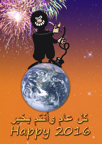 Cartoon: Idiot s New Year s Eve fireworks (medium) by Alf Miron tagged greetings,terror,terrorism,feuerwerk,silvester,neujahr,bomb,isil,isis,daesh,fireworks,terrorist,2016,year,new