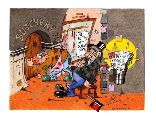 Cartoon: 09.11.1888 (medium) by irlcartoons tagged insolvenz,pleite,england,butchery,ripper,jack,ruhestand,serienmörder,mörder