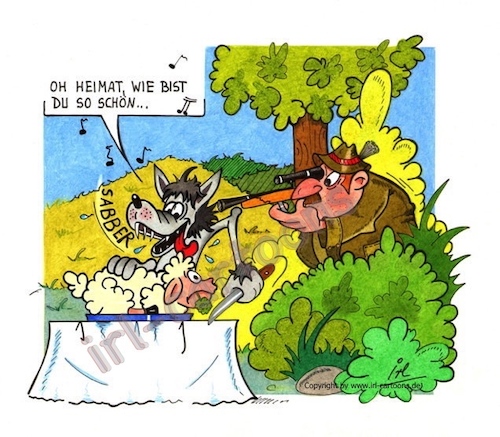 Cartoon: Fressen und gefressen werden (medium) by irlcartoons tagged wolf,jäger,schaf,wolfsverbreitung,deutschland,wolfspopulation,wolfsrudel,landesjägerschaft,heimatland,naturschutz,waldbewohner,raubtiere,abschuss,jagen,schäfer,wolfsschutzprojekt,lebensraum,artenschutz,wald,bundesländer,wildtier,bauer,bayern