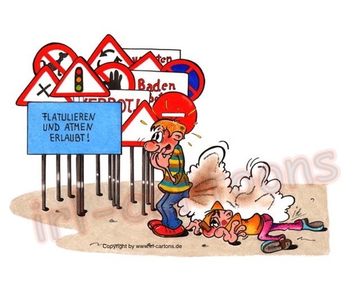 Cartoon: Verbote (medium) by irlcartoons tagged verbotsschilder,straßenverkehrsordnung,schilderwald,symbol,verkehrsschilder,verordnung,adac,flatulieren