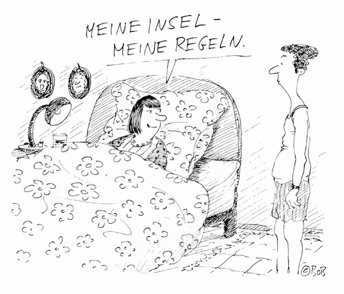 Cartoon: Meine Insel meine Regeln (medium) by Christian BOB Born tagged beziehung,paar,bett,insel,regeln,meine,beziehung,paar,sex,bett,insel,regeln