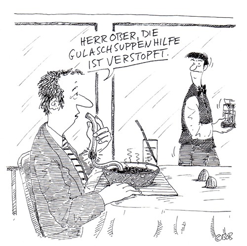 Cartoon: Verstopft (medium) by Christian BOB Born tagged essen,trinken,gasthaus,gulaschsuppe,ober,kellner,problem