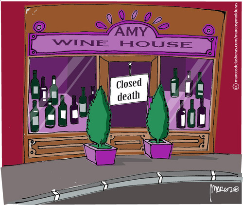 Cartoon: BYE AMY (medium) by marcosymolduras tagged 27,club,the,music,overdose,drugs,alcohol,winehouse,amy
