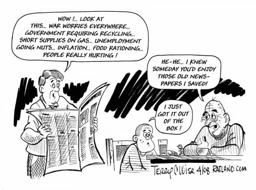 Cartoon: Old newspapers (medium) by terry tagged news,inflation,war,hunger,gas,oil