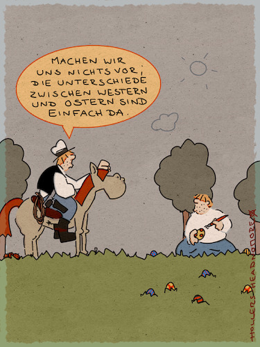 Cartoon: Eier! Cowboy! (medium) by hollers tagged west,ost,ostern,deutschland,mauer,trennung,western,wildwest,cowboy,eierfärben,pferd,reiten,west,ost,ostern,deutschland,mauer,trennung,western,wildwest,cowboy,eierfärben,pferd,reiten