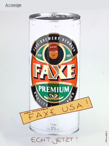 Cartoon: Faxe USA! Mit Ti Äitsch! (medium) by hollers tagged trump,faxe,bier,zoll,politik,usa,europe,eu,alkohol,fucktheusa,trump,faxe,bier,zoll,politik,usa,europe,eu,alkohol,fucktheusa