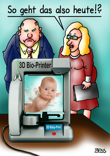 Cartoon: 3D Bio-Printer (medium) by besscartoon tagged besscartoon,bess,beziehung,kind,zeugung,geburt,paar,frau,mann,drucker,3d,technik,printer,computer