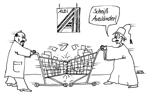 Cartoon: Aldi-Talk (medium) by besscartoon tagged besscartoon,bess,diskriminierung,scheiß,migranten,ausländer,supermarkt,einkaufen,rassismus,männer,einkaufswagen