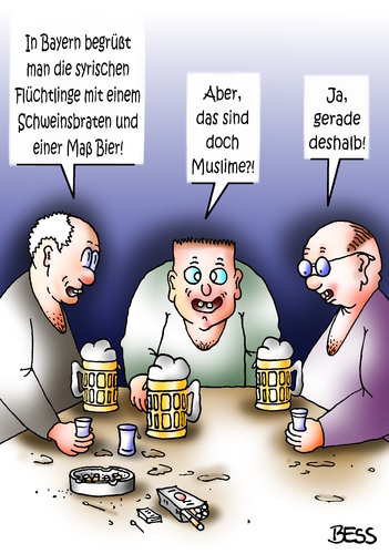 Cartoon: bayrische Gastfreundschaft (medium) by besscartoon tagged bayern,schweinsbraten,bier,muslime,flüchtlingsstrom,asyl,flüchtlinge,flüchtlingsdrama,syrien,deutschland,willkommen,welcome,politik,bess,besscartoon