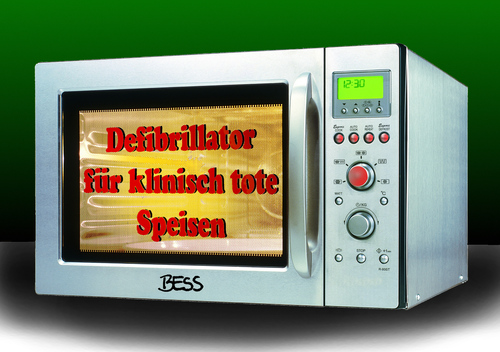 Cartoon: Defibrillator (medium) by besscartoon tagged kochen,essen,lebensmittel,klinisch,tot,tiefkühlkost,restaurant,defibrillator,mikrowelle,microwave,bess,besscartoon