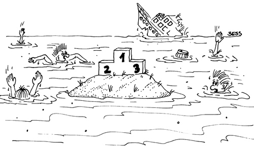 Cartoon: Einer wird gewinnen (medium) by besscartoon tagged insel,schwimmen,tod,siegerpodest,sieger,schiffbruch,bess,besscartoon