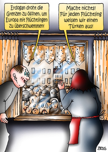 Cartoon: Erdo-Gans Geschnatter (medium) by besscartoon tagged erdogan,drohung,flüchtlingsdeal,türkei,eu,grenze,türken,flüchtlinge,konflikt,asyl,ausweisung,ausweisen,politik,bess,besscartoon