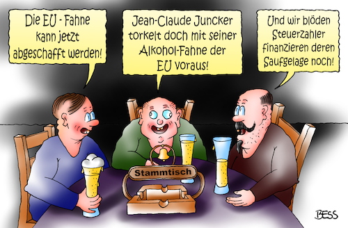 Cartoon: EU Alkoholiker (medium) by besscartoon tagged politik,eu,europa,jean,claude,juncker,saufen,alkohol,fahne,alkoholfahne,drogen,steuerzahler,geld,euro,stammtisch,saufgelage,bess,besscartoon