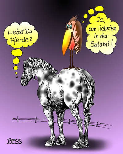 Cartoon: Feinschmecker (medium) by besscartoon tagged pferd,pferde,rabe,tiere,salami,essen,bess,besscartoon