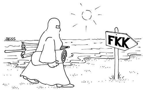 Cartoon: FKK (medium) by besscartoon tagged frau,burka,fkk,strand,meer,islam,sonne,bess,besscartoon