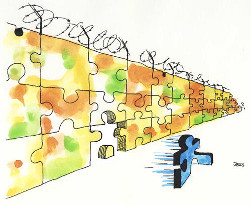 Cartoon: Freiheit für alle (medium) by besscartoon tagged mauer,puzzle,frei,freiheit,flucht,krieg,frieden,bess,besscartoon