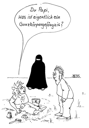 Cartoon: Ganzkörpergefängnis (medium) by besscartoon tagged mann,frau,kind,burka,islam,religion,vater,sohn,bess,besscartoon