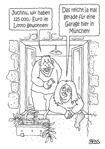 Cartoon: Glück gehabt (medium) by besscartoon tagged paar,ehe,beziehung,immobilien,münchen,glück,lotto,euro,lottogewinn,garage,geld,preiswucher,bess,besscartoon