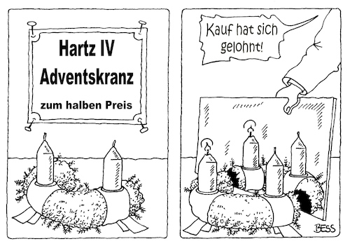Cartoon: Hartz IV Adventskranz (medium) by besscartoon tagged weihnachten,advent,adventskranz,vorweihnachtszeit,fest,hartz4,armut,geld,euro,halber,preis,bess,besscartoon