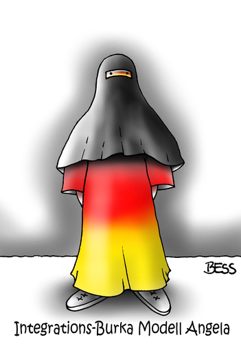Cartoon: Integrations-Burka (medium) by besscartoon tagged schwarz,rot,gold,deutschland,angela,merkel,frau,burka,islam,integration,flüchtlinge,religion,bess,besscartoon