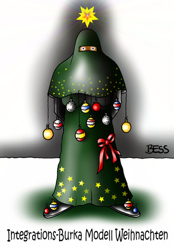 Cartoon: Integrations-Burka (medium) by besscartoon tagged weihnachten,frau,burka,islam,christentum,fest,deutschland,integration,asyl,religion,flüchtlinge,intoleranz,toleranz,bess,besscartoon