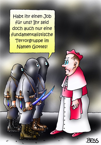 Cartoon: Jobsuche (medium) by besscartoon tagged kirche,religion,vatikan,katholisch,is,gewalt,terrorismus,job,arbeiten,fundamentalismus,terror,gottes,namen,bess,besscartoon