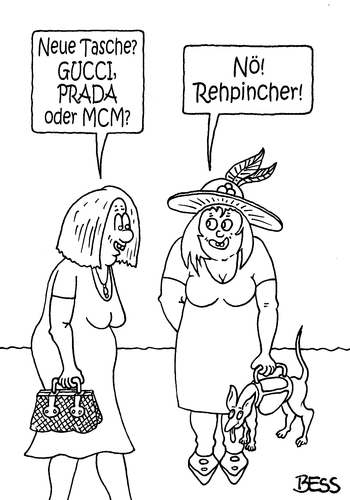Cartoon: modebewußt (medium) by besscartoon tagged frauen,frau,tasche,handtasche,mode,design,gucci,prada,mcm,hund,rehpincher,bess,besscartoon