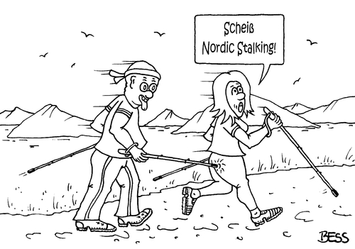 Cartoon: Nordic Stalking (medium) by besscartoon tagged mann,frau,nordic,walking,stalking,misshandlung,belästigung,bess,besscartoon