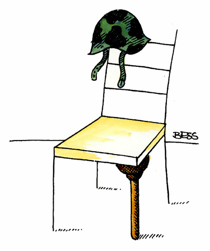 Cartoon: ohne Titel (medium) by besscartoon tagged stuhl,holzbein,stahlhelm,krieg,gewalt,tod,bess,besscartoon
