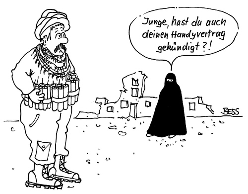 Cartoon: ohne Titel (medium) by besscartoon tagged besscartoon,bess,handy,dynamit,burka,selbstmordattentäter,islam