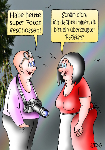 Cartoon: Pazifist? (medium) by besscartoon tagged fotografie,fotograf,photographie,kamera,fotos,schießen,super,pazifist,mann,frau,bess,besscartoon