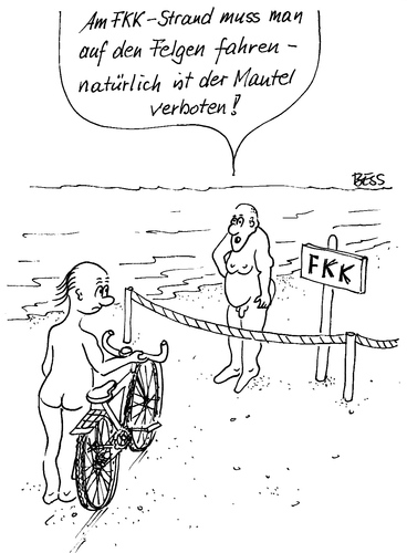 Cartoon: FKK Radler (medium) by besscartoon tagged mann,männer,fkk,strand,fahrrad,bess,besscartoon