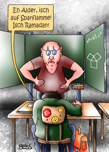 Cartoon: Ramadan (medium) by besscartoon tagged schule,pädagogik,lehrer,pauker,ramadan,islam,schüler,hauptschule,realschule,gymnasium,sparflamme,religion,bess,besscartoon