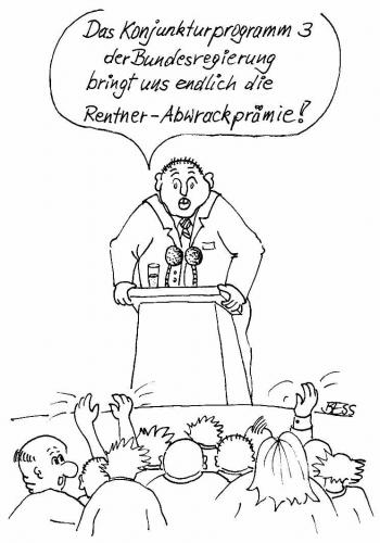 Cartoon: schöne Zukunft (medium) by besscartoon tagged politik,bundesregierung,abwrackprämie,mann,politiker,rentner,bess,besscartoon