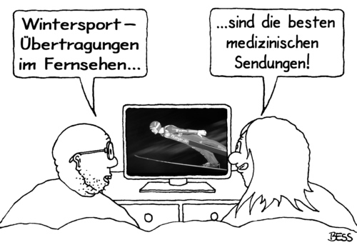 Cartoon: Sport ist Mord (medium) by besscartoon tagged wintersport,winter,schnee,tv,fernsehen,ard,sport,zdf,eurosport,skifahren,skispringen,ski,medizin,verletzungen,bess,besscartoon