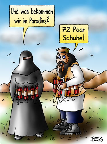 Cartoon: Traumjob (medium) by besscartoon tagged schuhe,paradies,jungfrauen,burka,islam,mode,religion,selbstmordattentäterin,sprengstoff,attentat,dynamit,mann,frau,bess,besscartoon