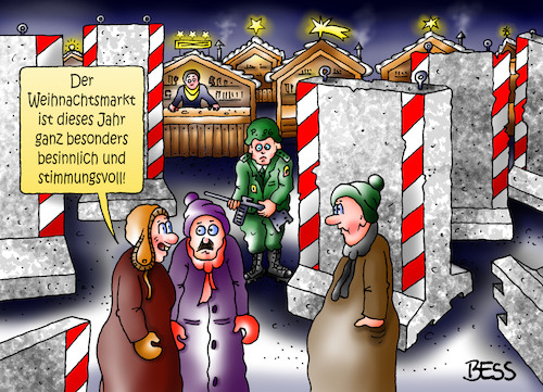 Cartoon: Weihnachtsmarkt (medium) by besscartoon tagged weihnachten,weihnachtsmarkt,terror,terrorgefahr,terrorismus,is,sicherheit,amri,anschlag,bess,besscartoon