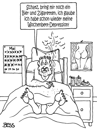 Cartoon: Wochenbettdepression (medium) by besscartoon tagged mann,wochenbett,depression,bier,paar,beziehung,zigaretten,bess,besscartoon