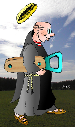 Cartoon: Zum Wohl (medium) by besscartoon tagged besscartoon,bess,heiligenschein,kronkorken,flaschenöffner,alkohol,trinken,bier,katholisch,christentum,pfarrer,religion,kirche