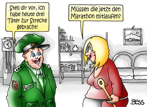 Cartoon: zur Strecke gebracht (medium) by besscartoon tagged mann,frau,polizei,zur,strecke,gebracht,kriminalität,marathon,missverständnis,bess,besscartoon