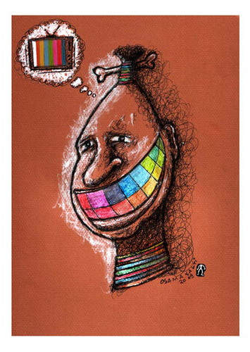 Cartoon: Media - African Face (medium) by Osama Salti tagged 2010,media,human,african,face,tv,colored,teeth,rainbow,thought,influence,life,people