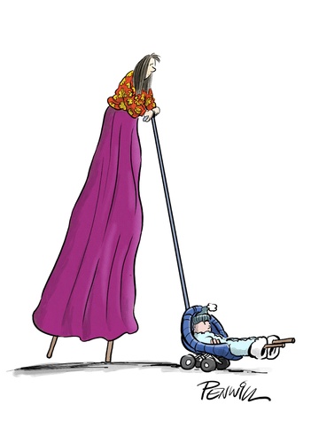 Cartoon: stilt life (medium) by penwill tagged stilts,baby,mother,child,pushchair,stilt,walker
