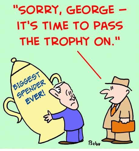 Cartoon: 1 bush obama big spender trophy (medium) by rmay tagged bush,obama,big,spender,trophy