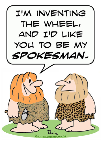 Cartoon: caveman invent wheel spokesman (medium) by rmay tagged caveman,invent,wheel,spokesman