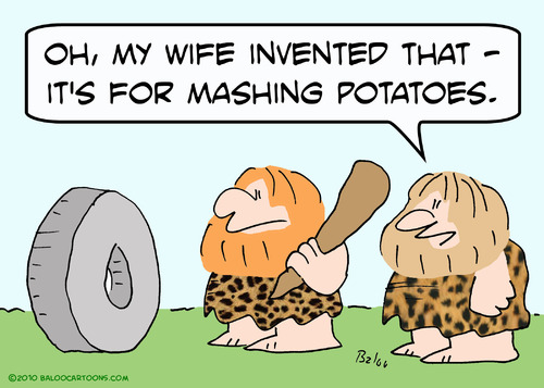 Cartoon: caveman wheel wife mashing (medium) by rmay tagged caveman,wheel,wife,mashing,potatoes,invented