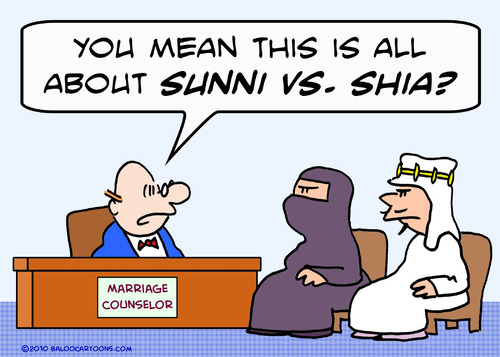 Cartoon: counselor marriage sunni shia (medium) by rmay tagged counselor,marriage,sunni,shia,arabs,islam,muslims
