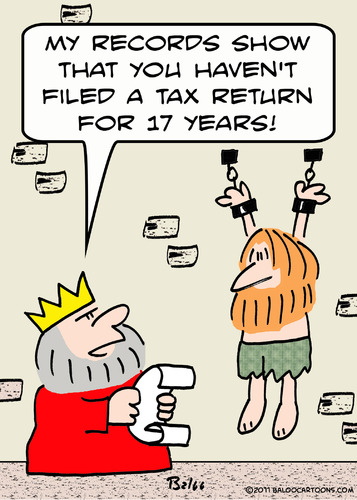 Cartoon: havent filed a tax return for 17 (medium) by rmay tagged havent,filed,tax,return,for,17,years,king,prisoner,dungeon,chains